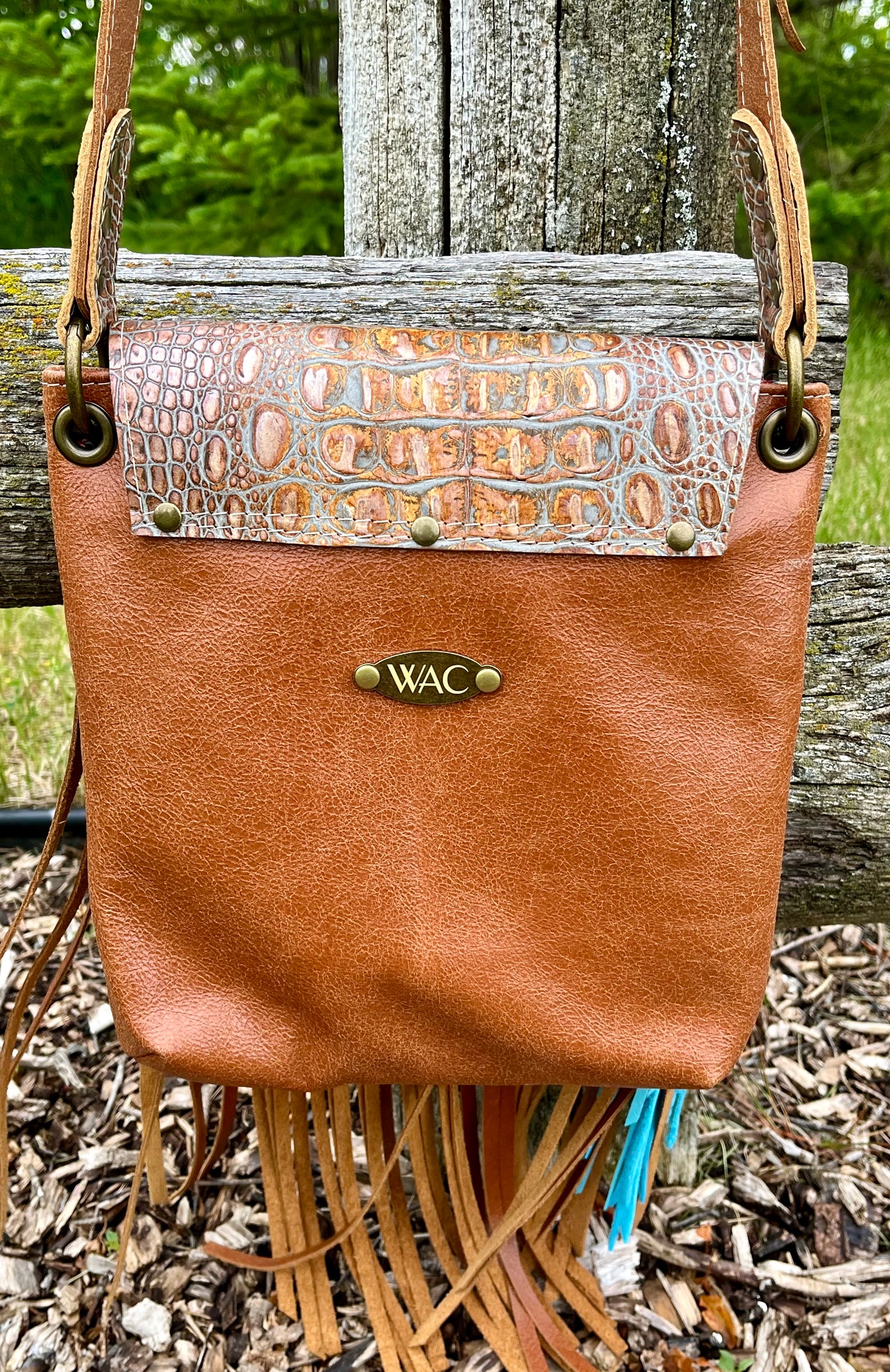 Alligator Embossed and Cognac Leather Crossbody Purse