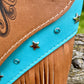 Teal and Cognac Laser Engraved Leather Fringe Purse