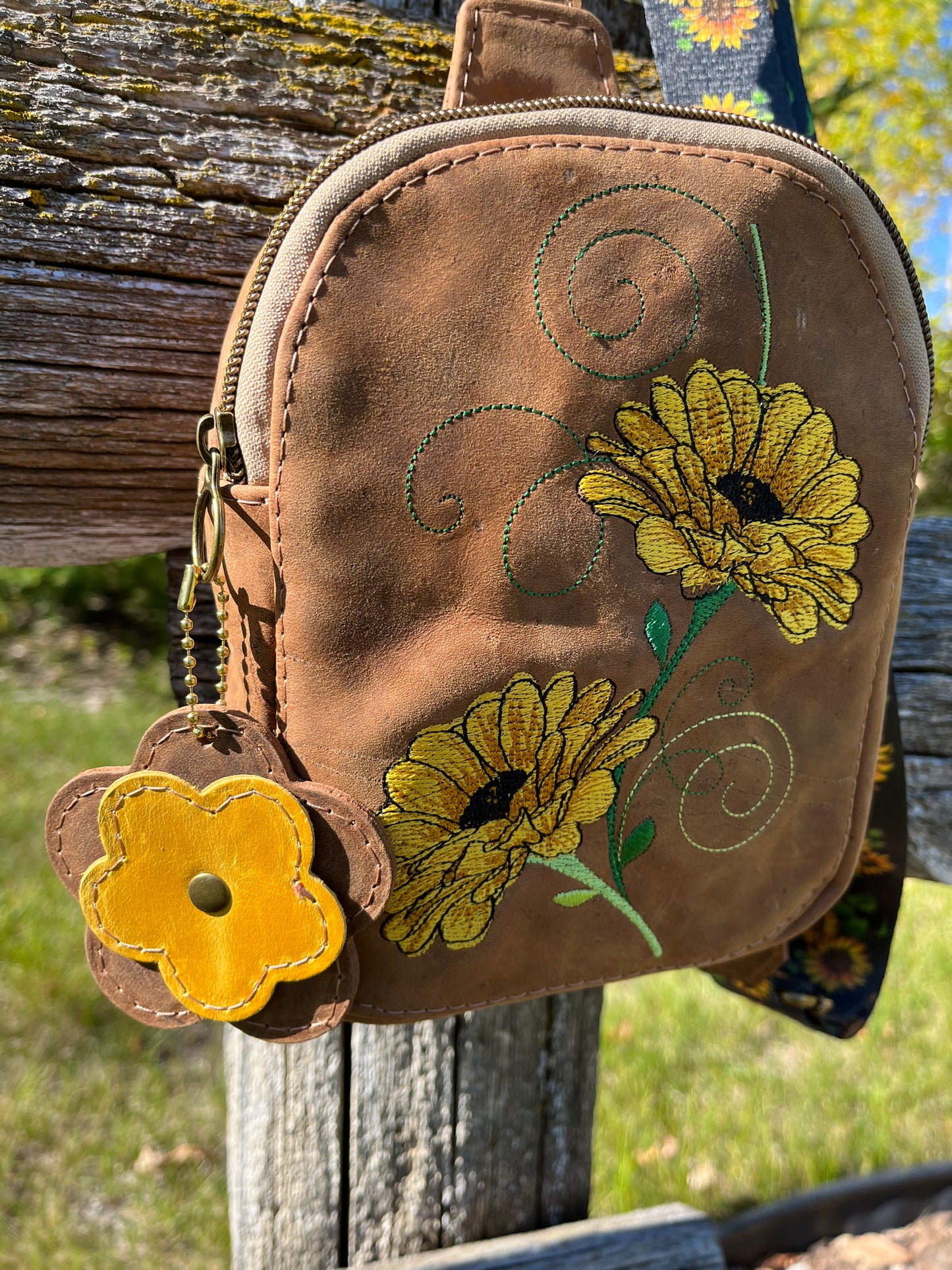 Sunflower Embroidered Leather Sling Bag