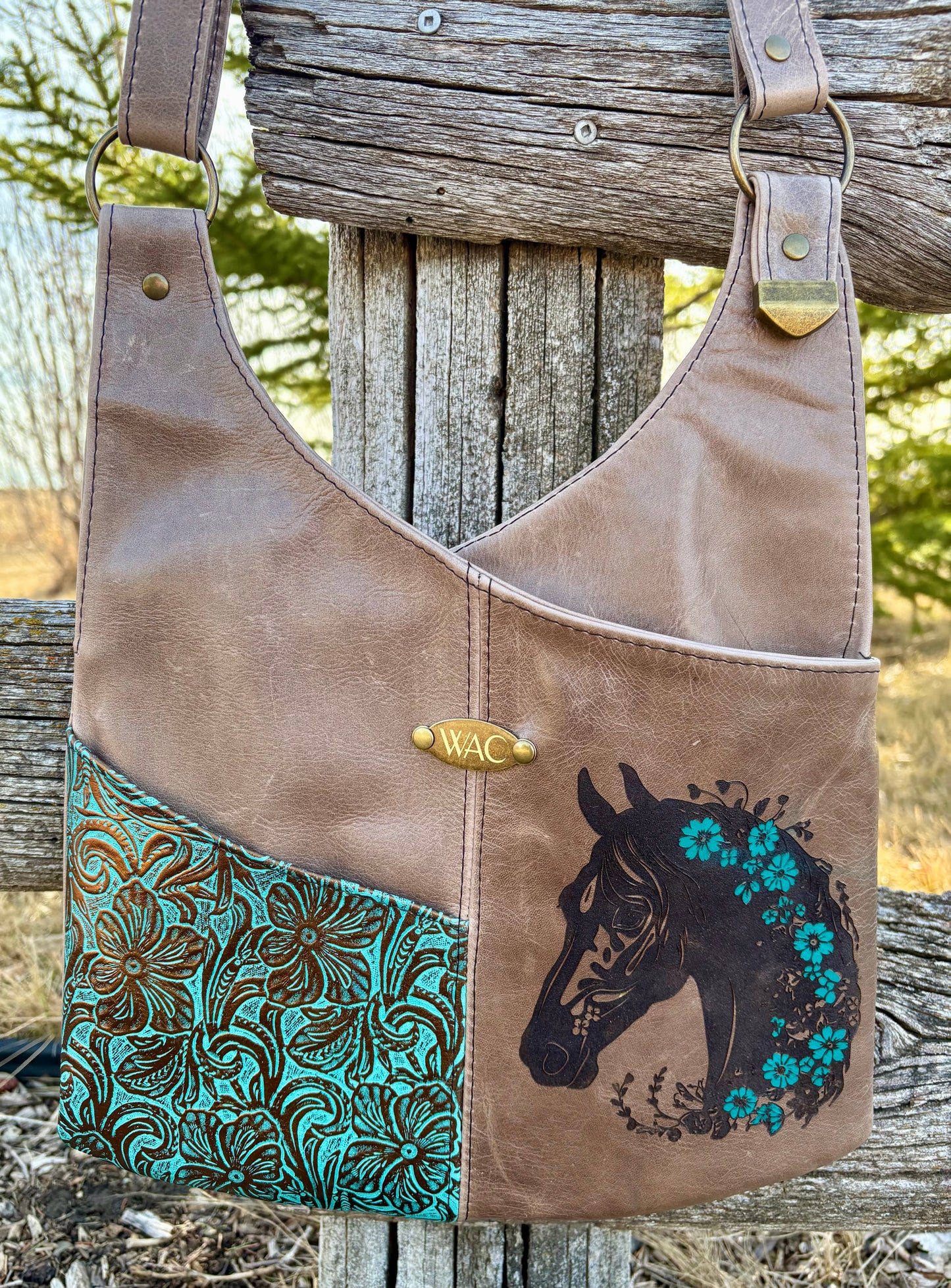 Floral Teal Horse Leather Crossbody