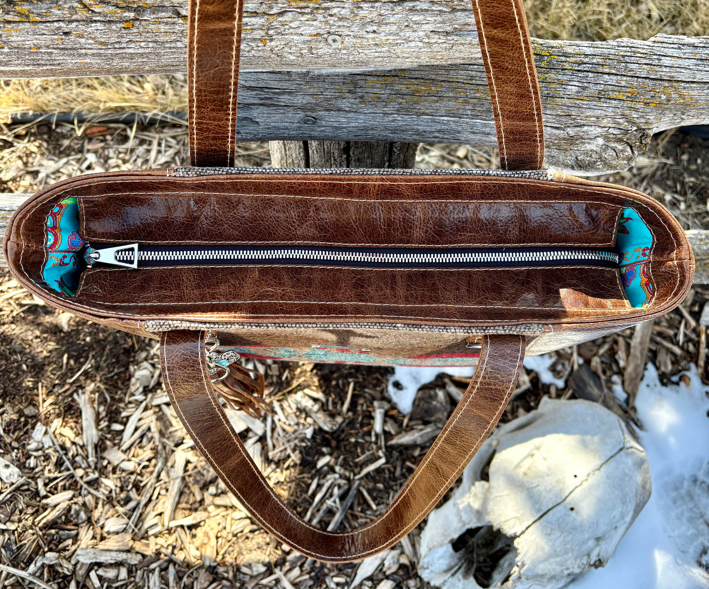Brown Leather and Turquoise Wool Tote
