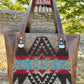 Brown Leather and Turquoise Wool Tote