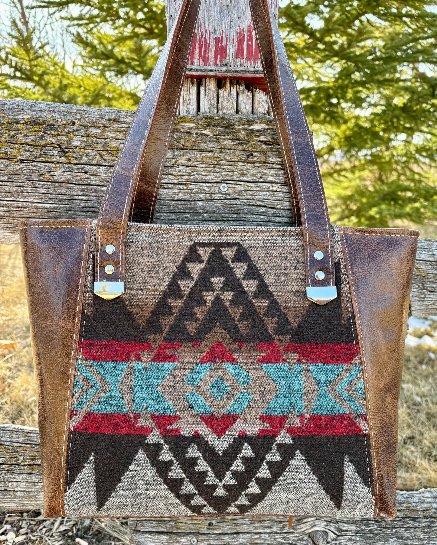 Brown Leather and Turquoise Wool Tote