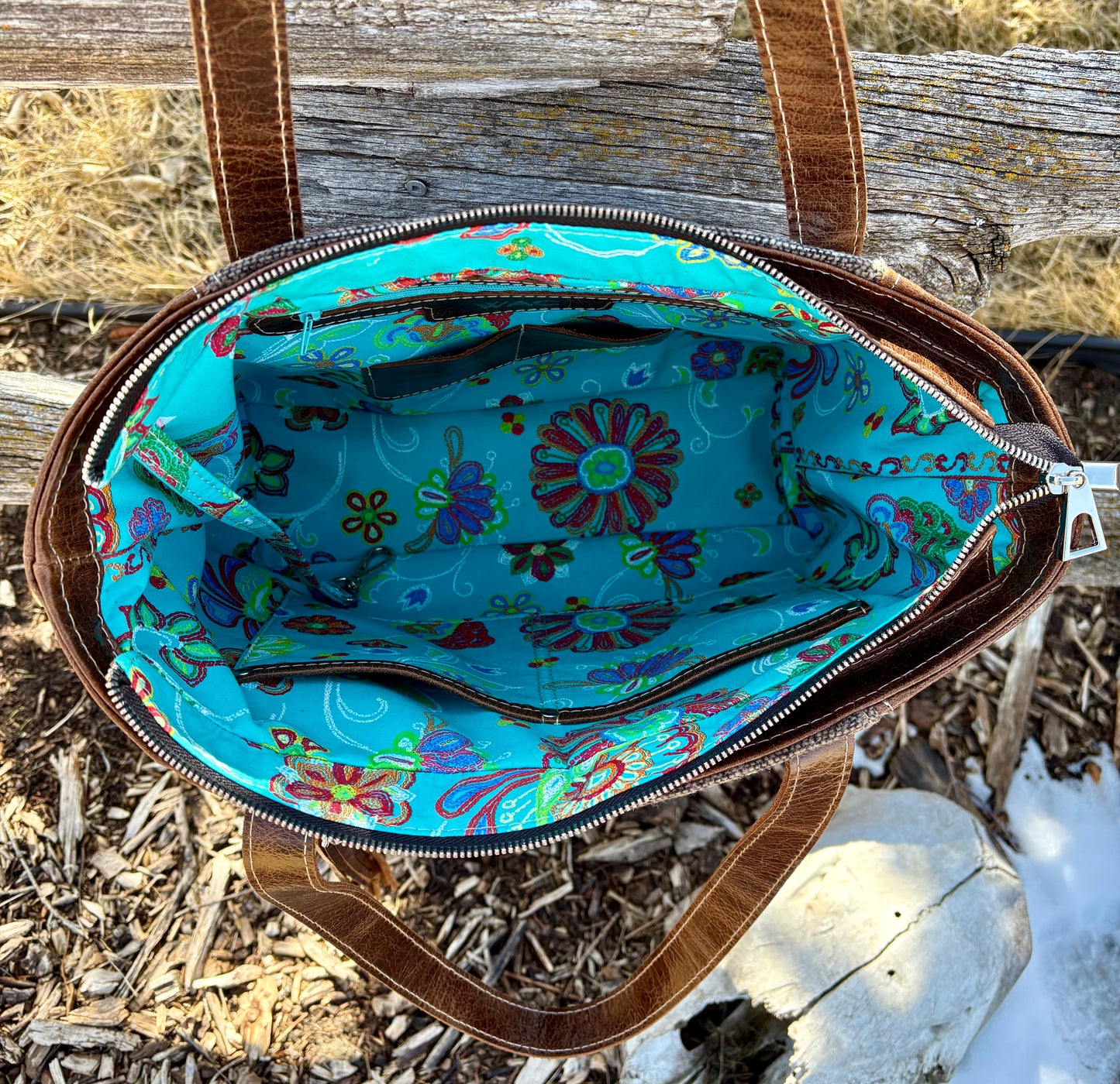 Brown Leather and Turquoise Wool Tote