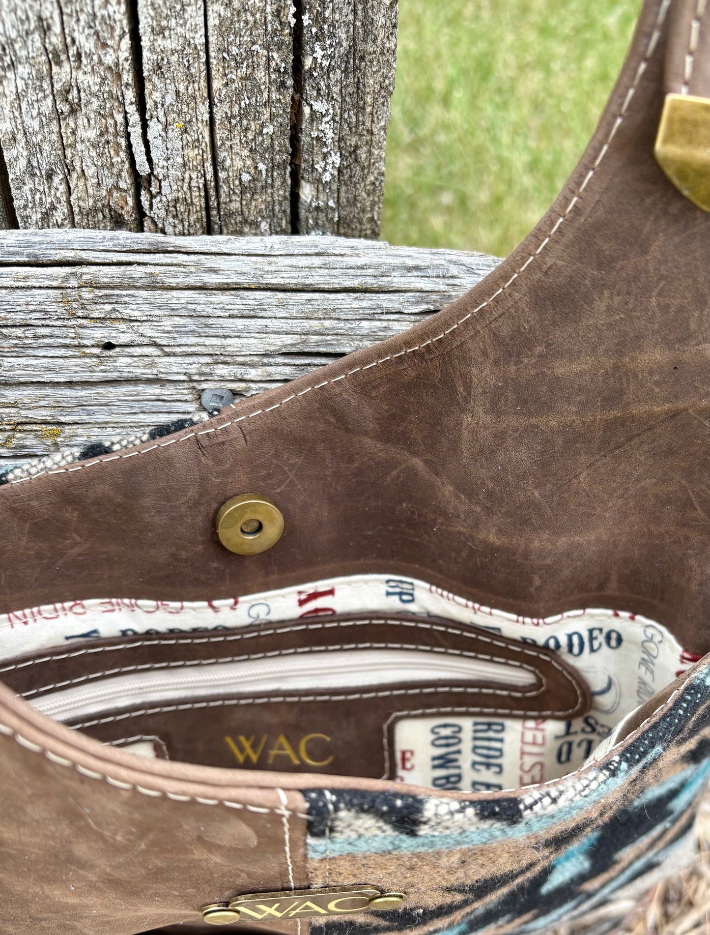 Distressed Brown Leather and Wool Crossbody Purse