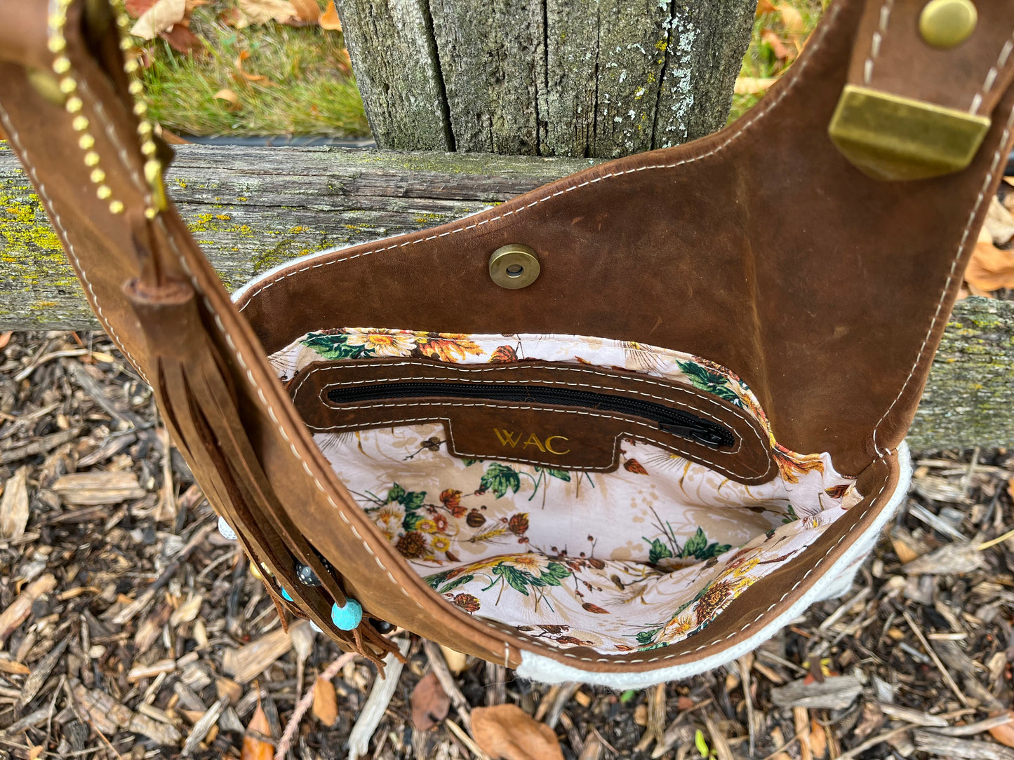 Brown Leather and Wool Crossbody Purse