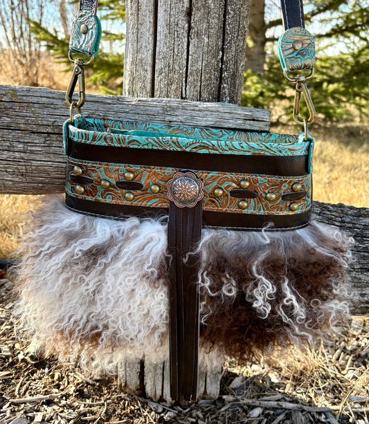 Mongolian Sheepskin Teal Embossed Leather Crossbody Purse