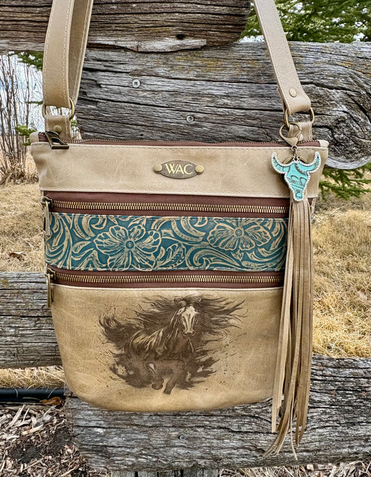 Horse Engraved Leather Crossbody Purse