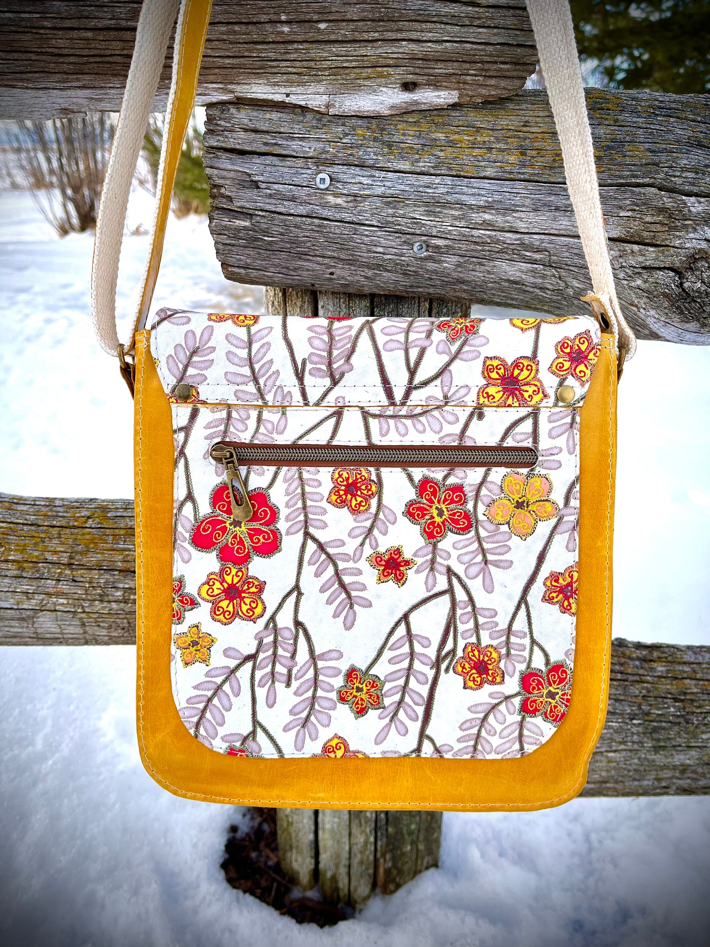 Yellow Leather with Floral Leather Flap Purse