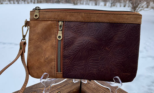 Two Toned Brown Floral Embossed Leather Wristlet