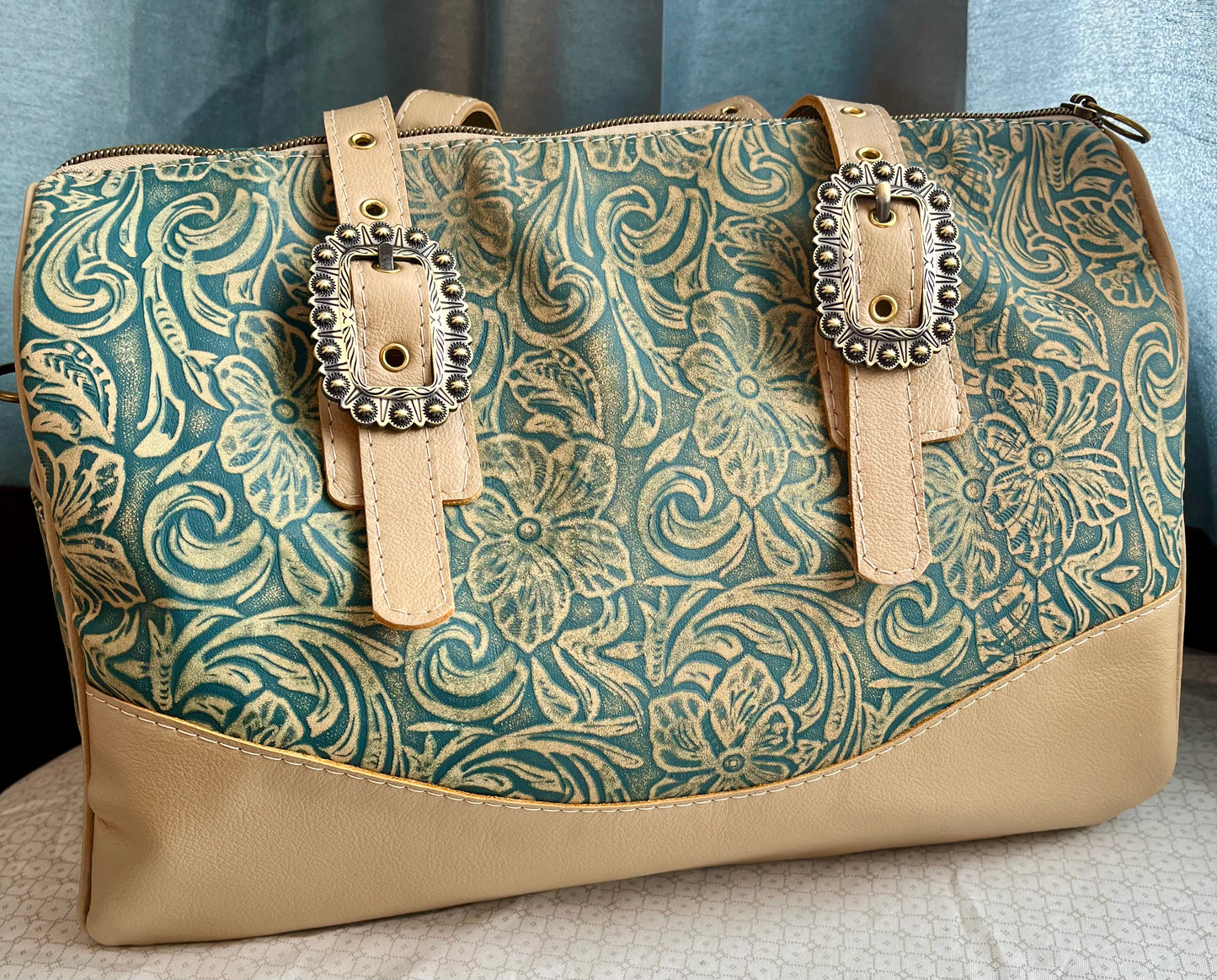 Floral Teal and Tan Leather Barrel Bag