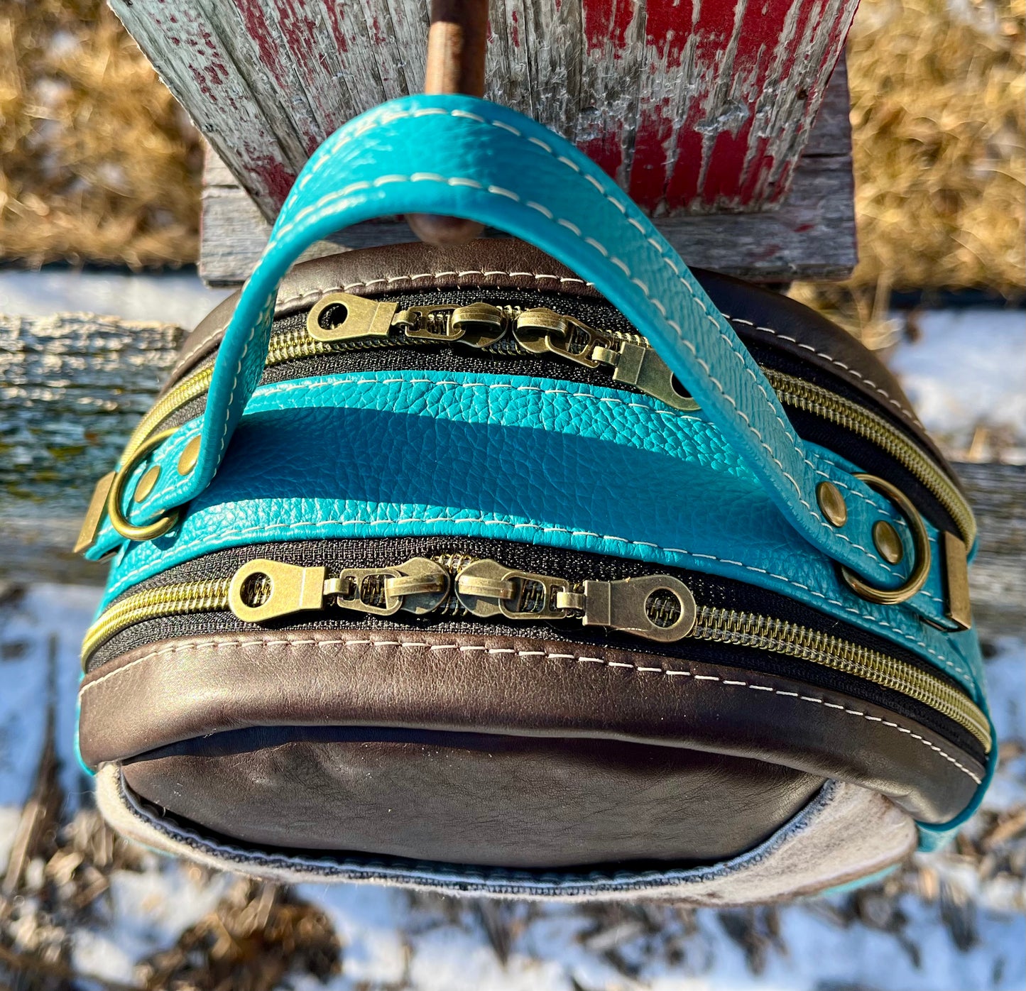 Teal and Brown Leather and Wool Handbag