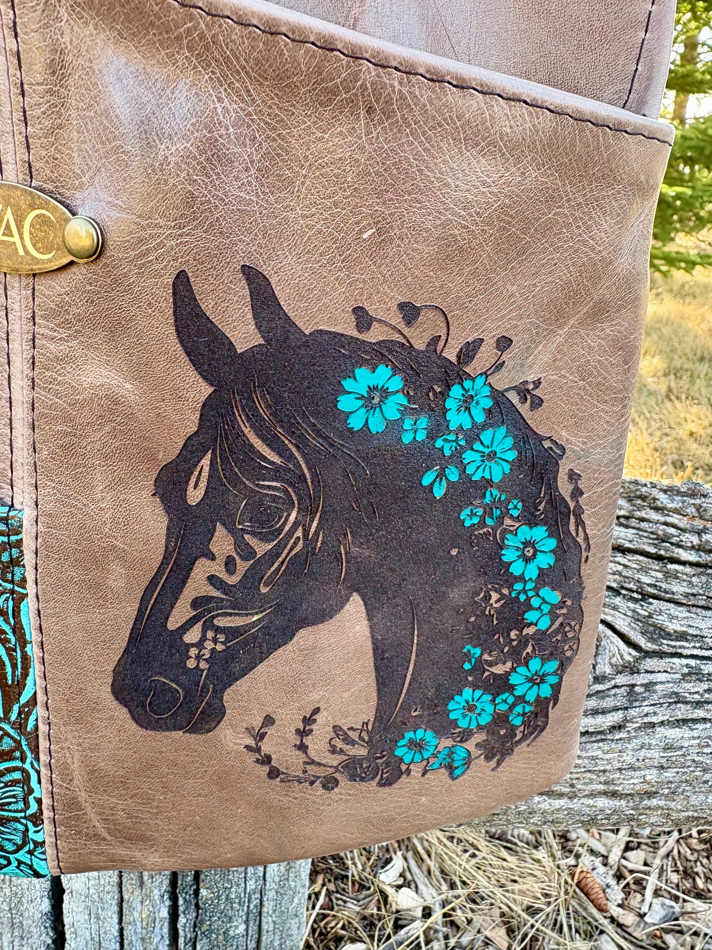 Floral Teal Horse Leather Crossbody