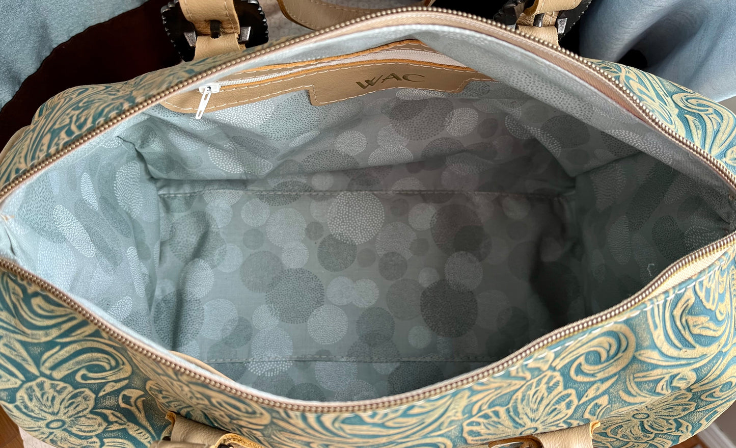 Floral Teal and Tan Leather Barrel Bag