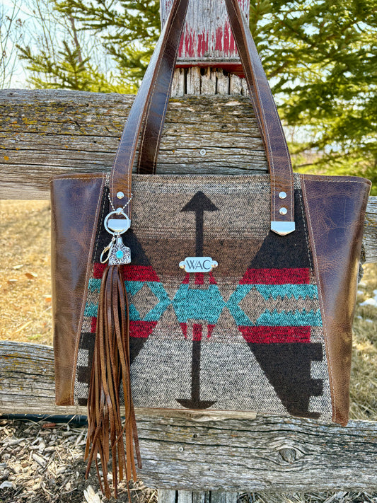Brown Leather and Turquoise Wool Tote