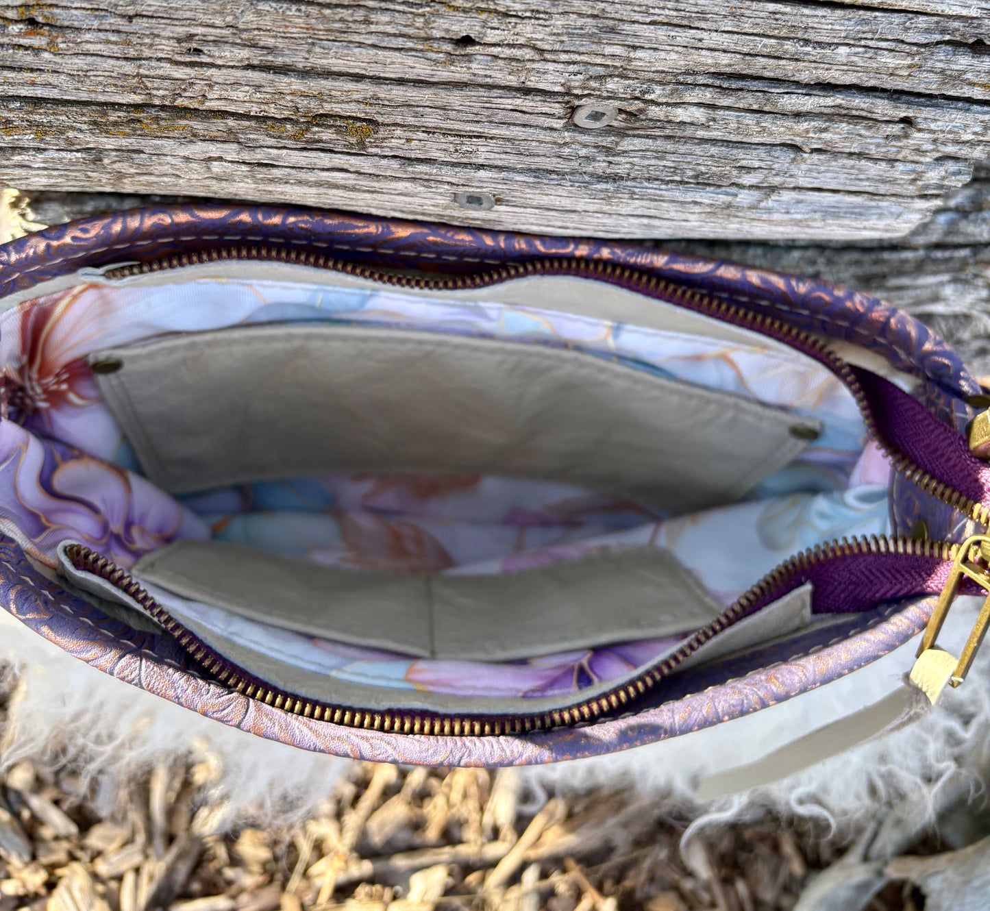White Mongolian Sheepskin and Purple Embossed Leather Crossbody