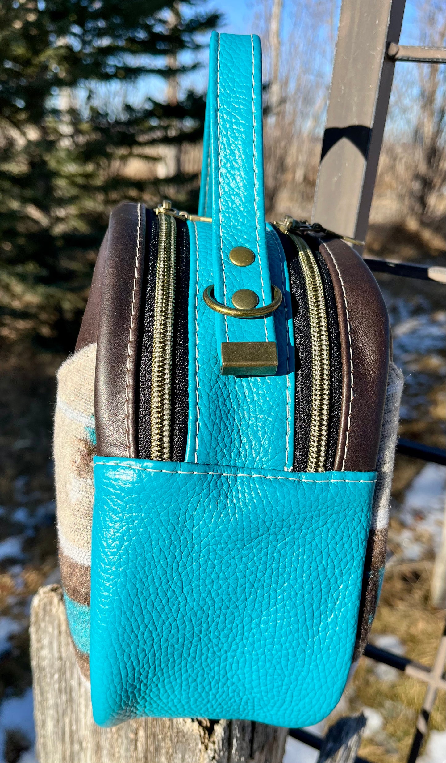 Teal and Brown Leather and Wool Handbag