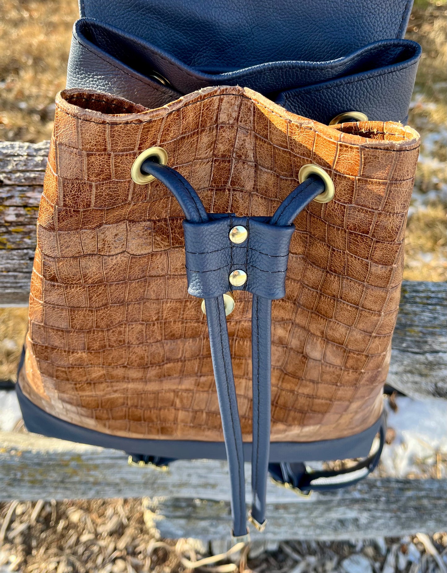 Navy Blue and Croc Embossed Leather Convertible Sling/Backpack