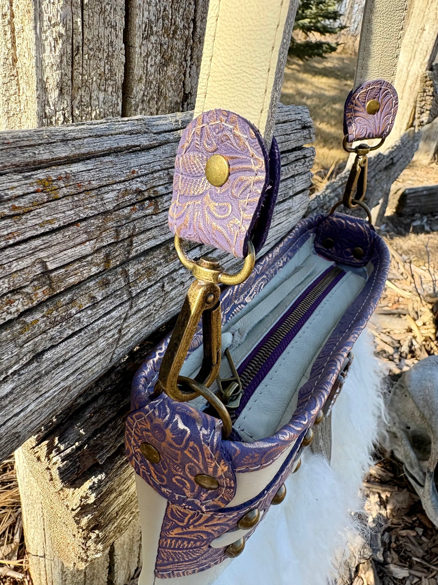 White Mongolian Sheepskin and Purple Embossed Leather Crossbody