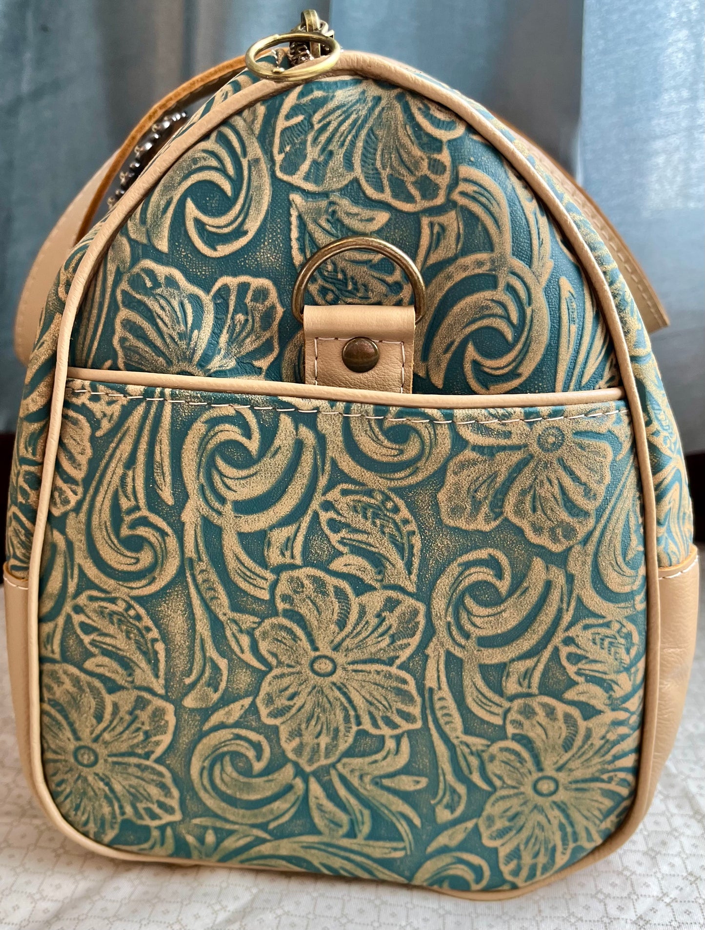 Floral Teal and Tan Leather Barrel Bag