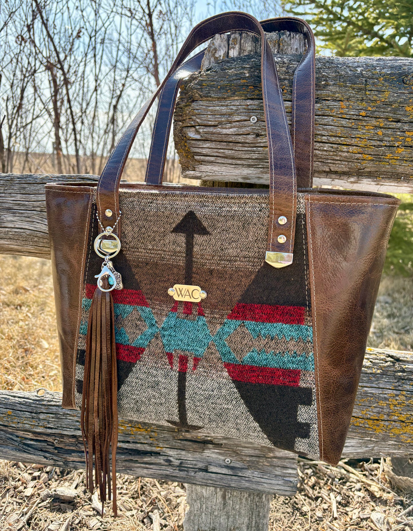 Brown Leather and Turquoise Wool Tote