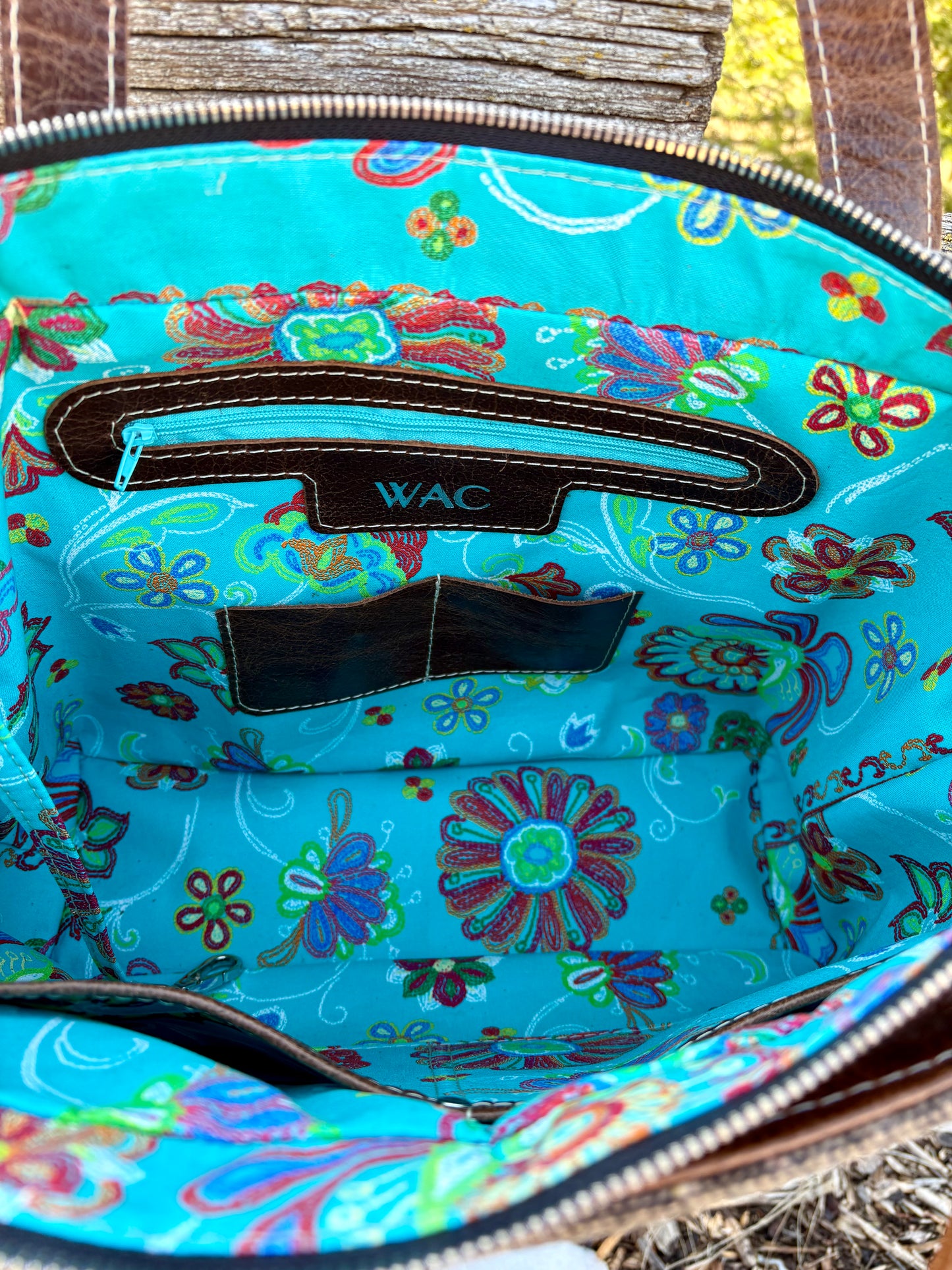 Brown Leather and Turquoise Wool Tote