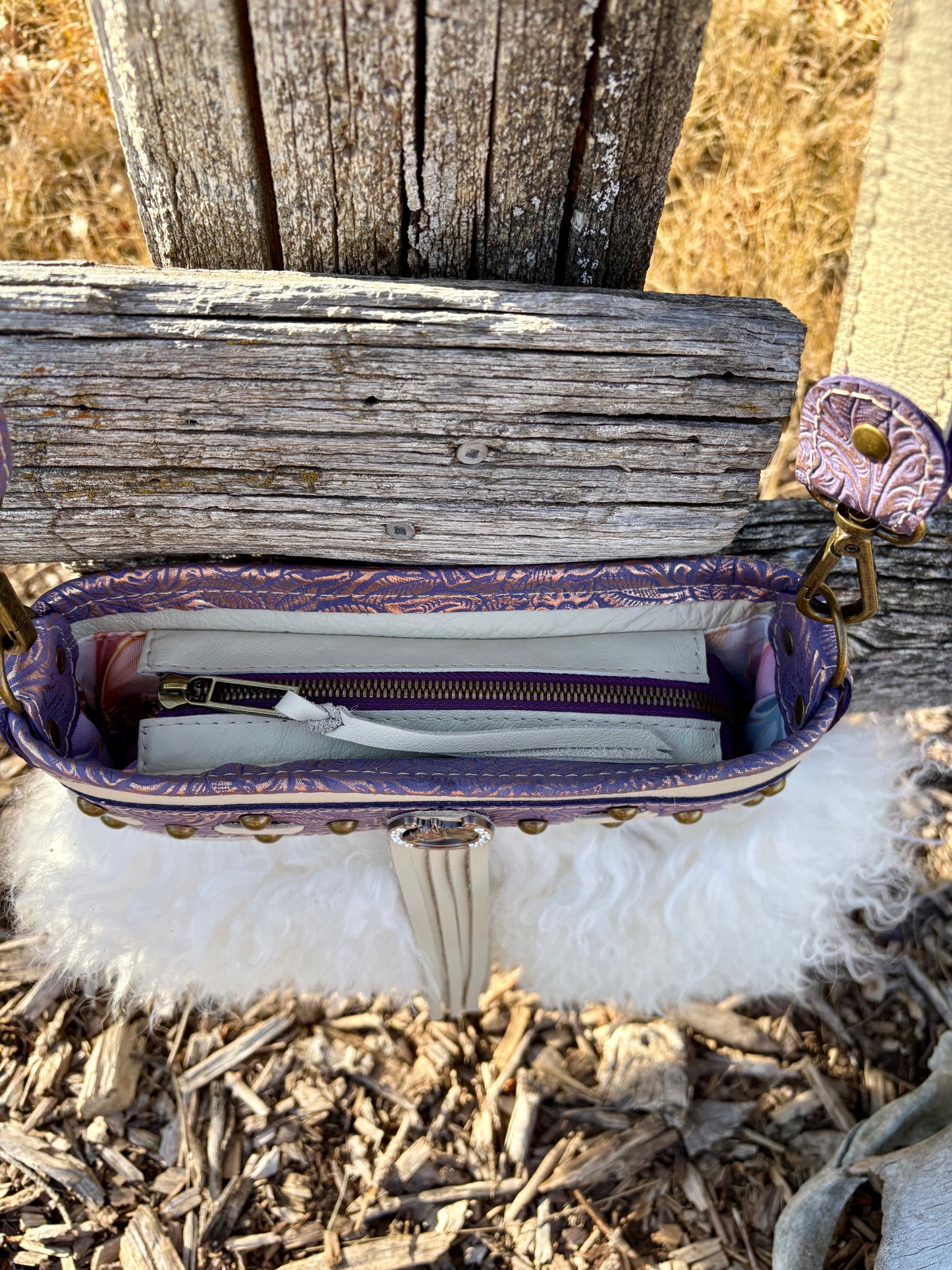 White Mongolian Sheepskin and Purple Embossed Leather Crossbody