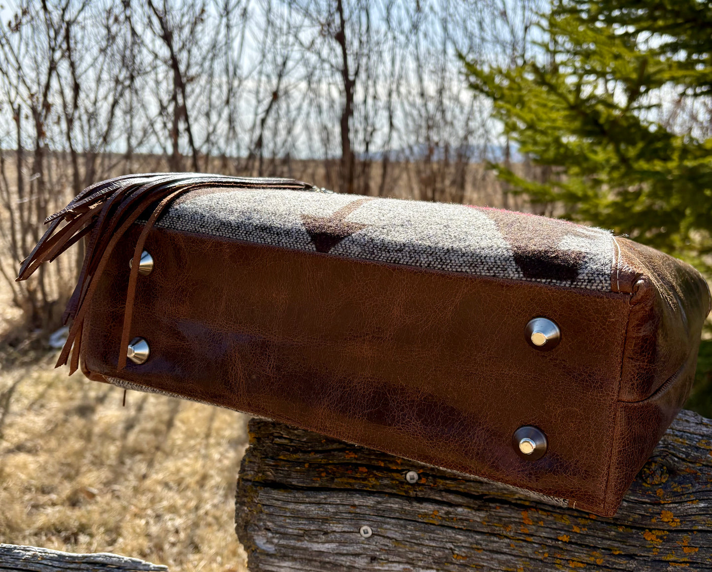 Brown Leather and Turquoise Wool Tote