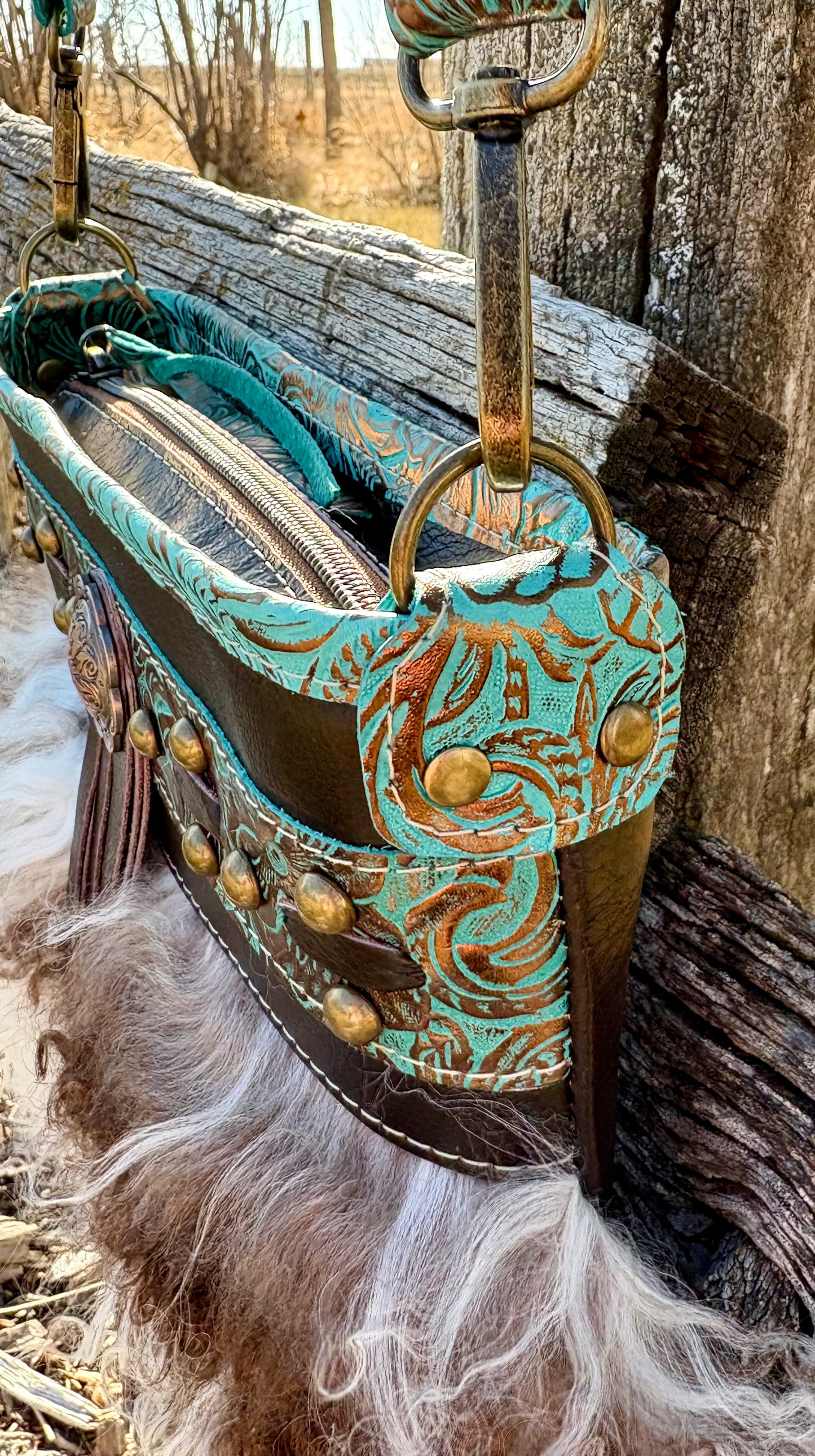 Mongolian Sheepskin Teal Embossed Leather Crossbody Purse