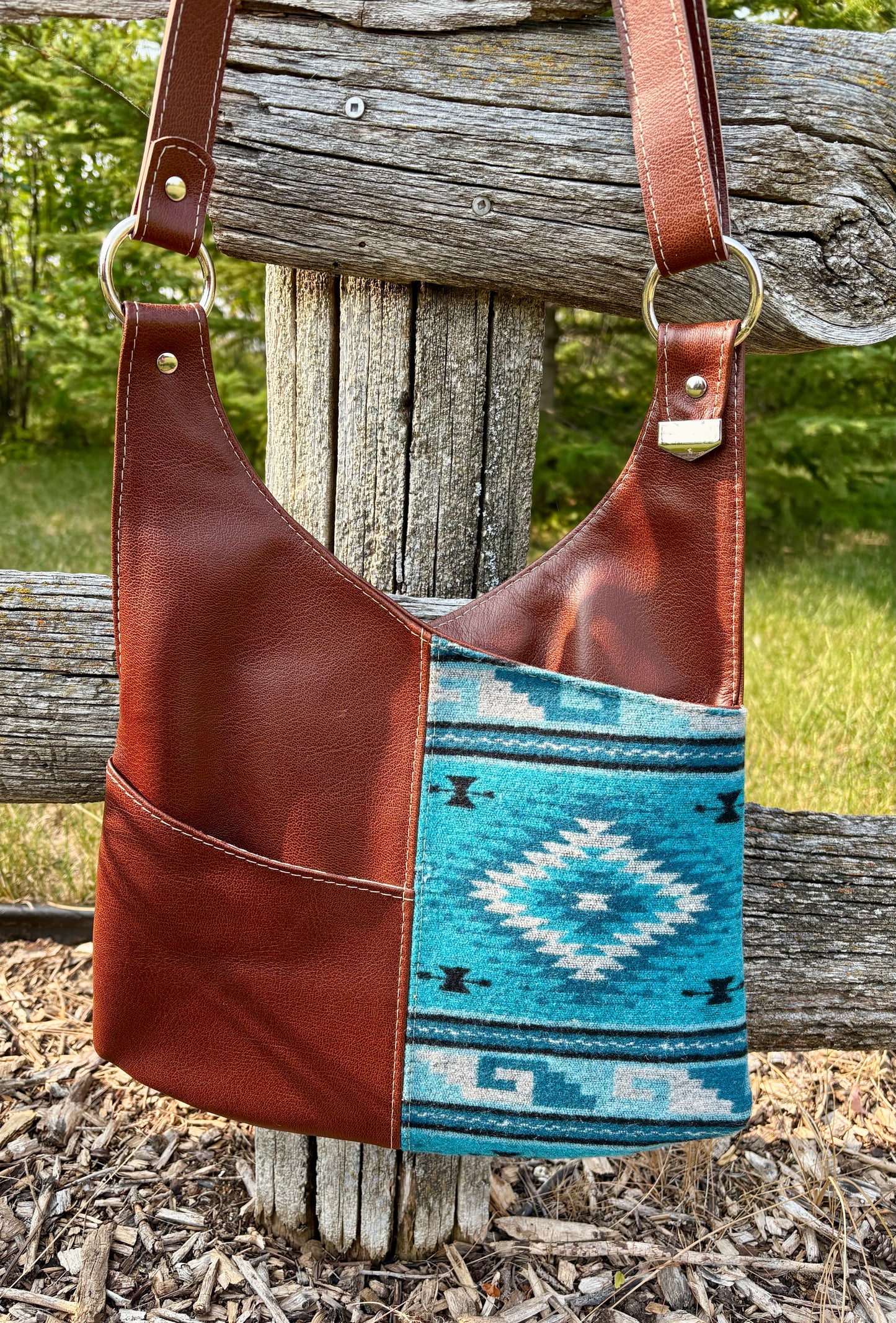 Chestnut Leather and Blue Wool Crossbody Purse