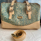 Floral Teal and Tan Leather Barrel Bag