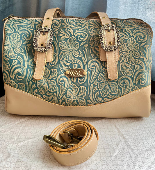 Floral Teal and Tan Leather Barrel Bag