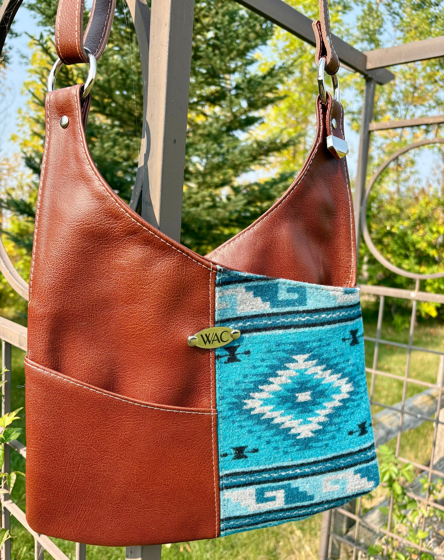 Chestnut Leather and Blue Wool Crossbody Purse