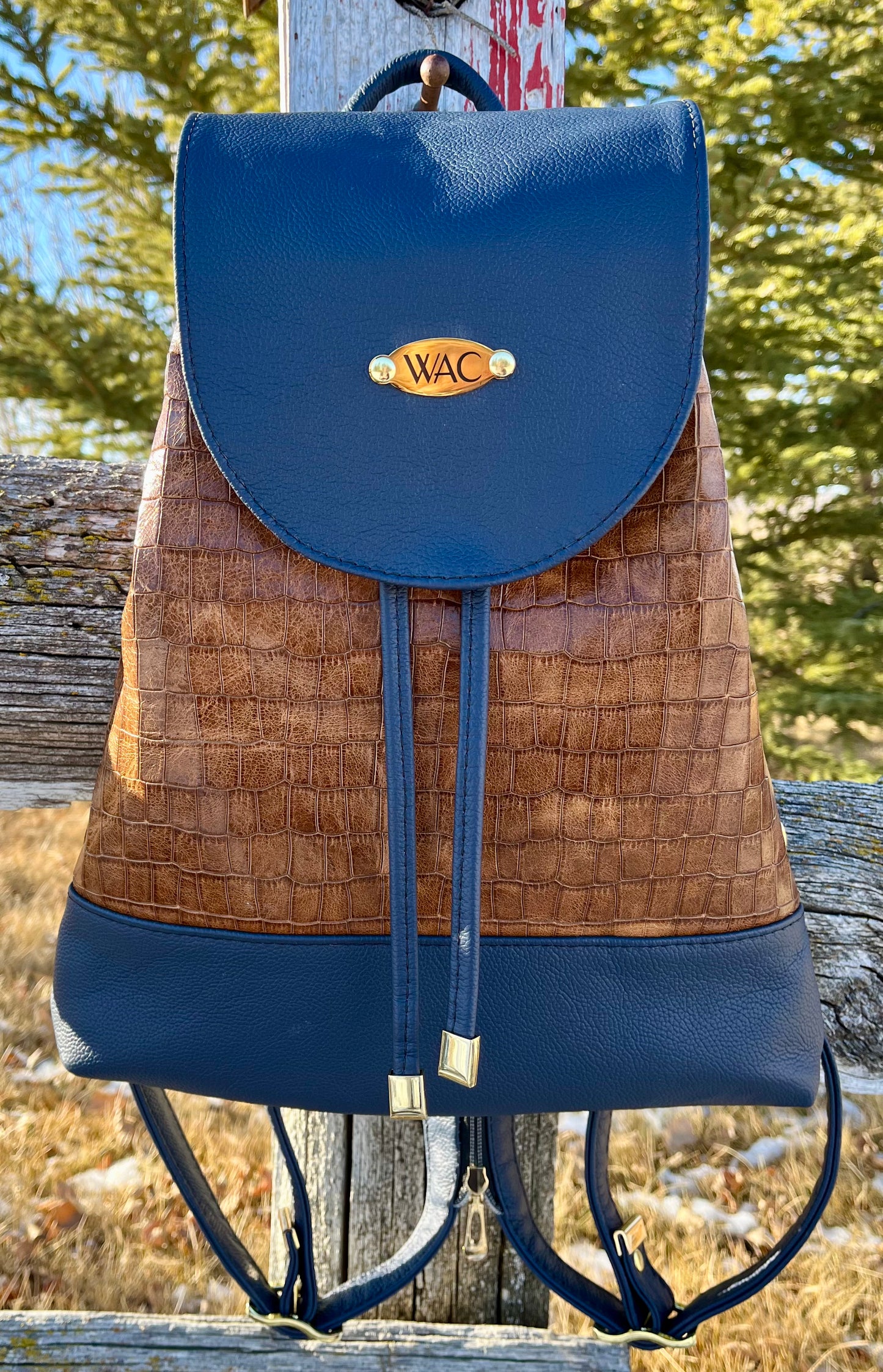 Navy Blue and Croc Embossed Leather Convertible Sling/Backpack