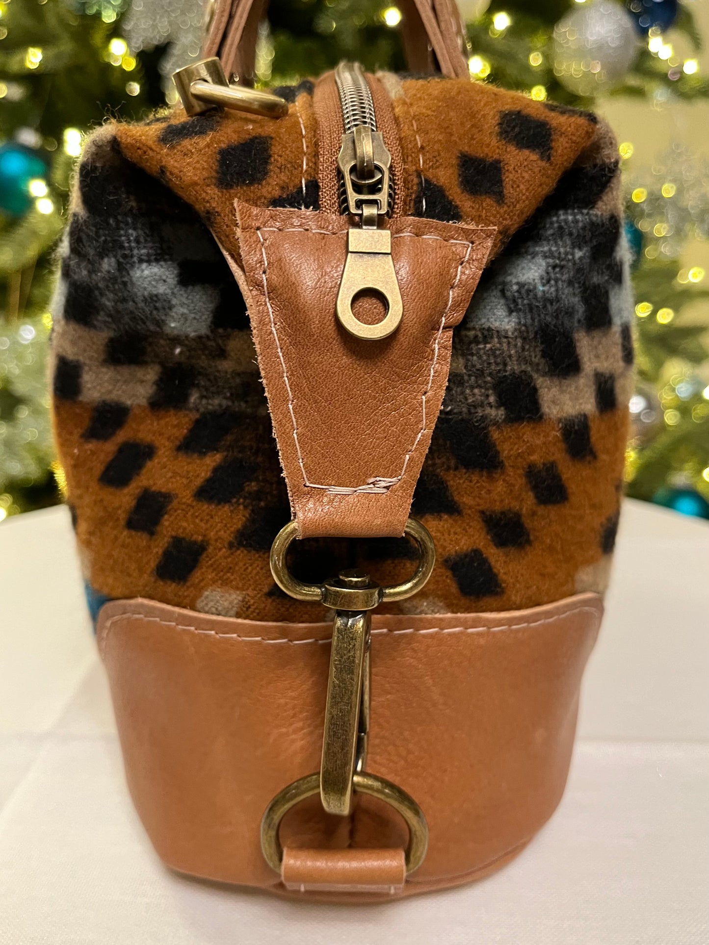 Cognac Leather and Wool Handbag