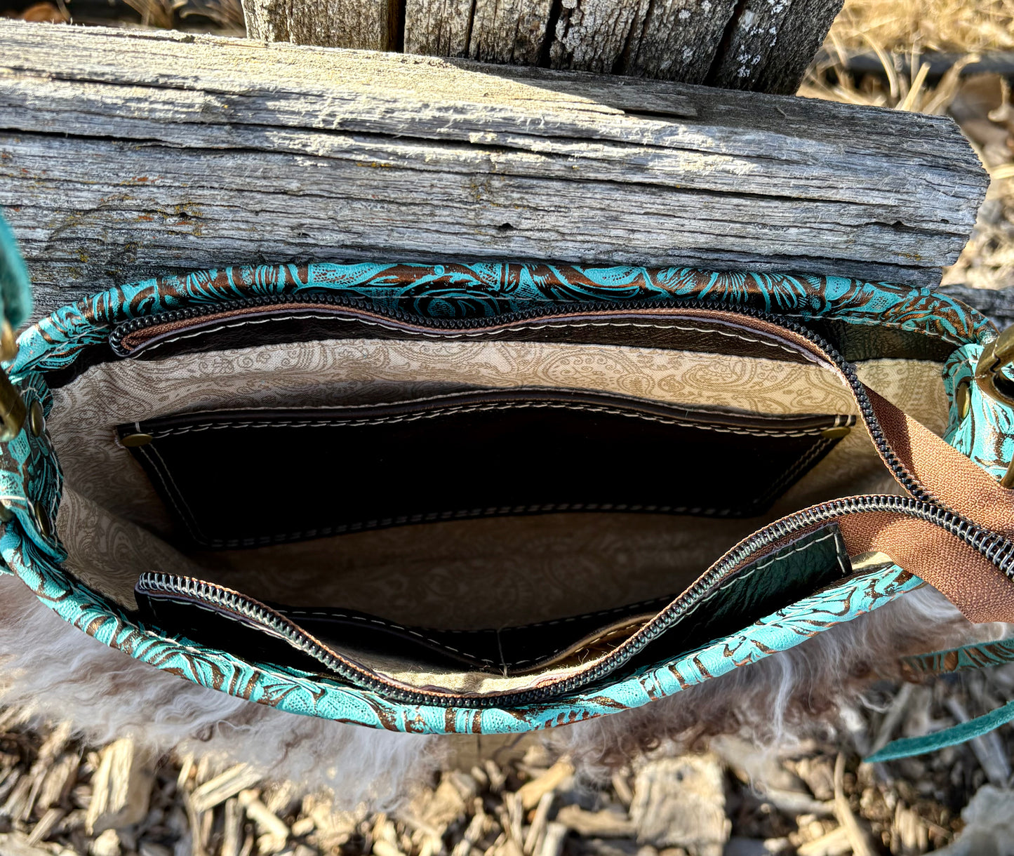 Mongolian Sheepskin Teal Embossed Leather Crossbody Purse