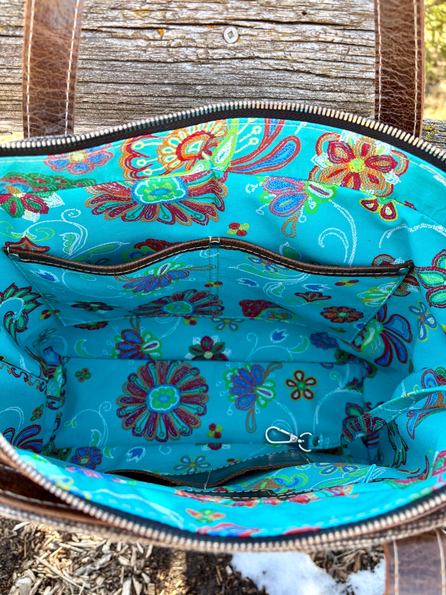 Brown Leather and Turquoise Wool Tote