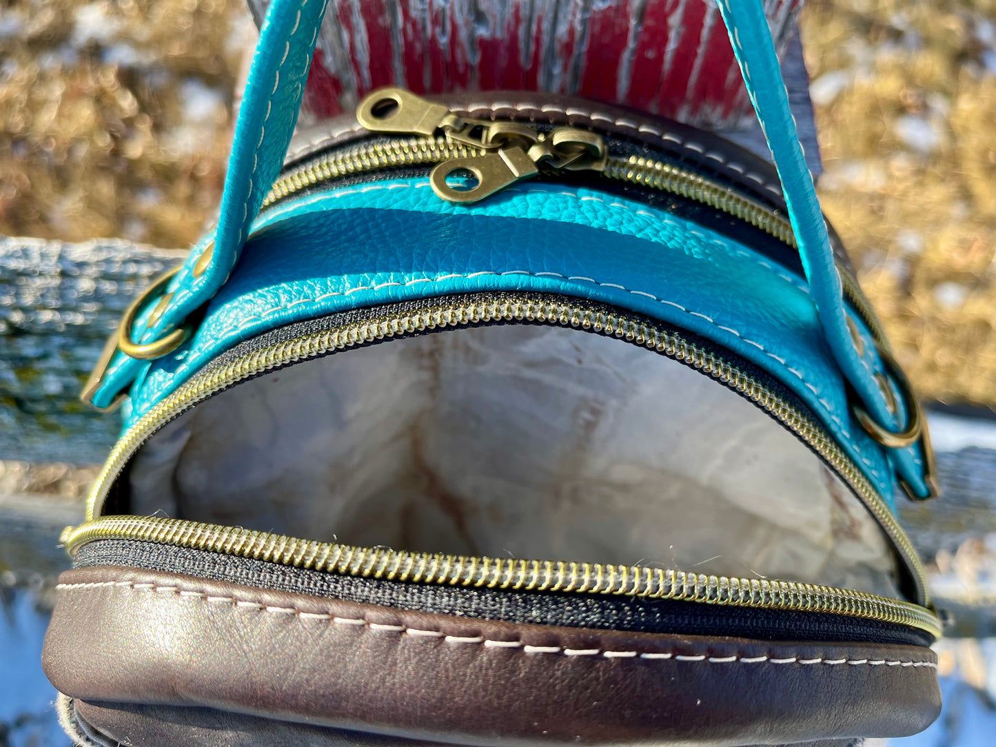 Teal and Brown Leather and Wool Handbag