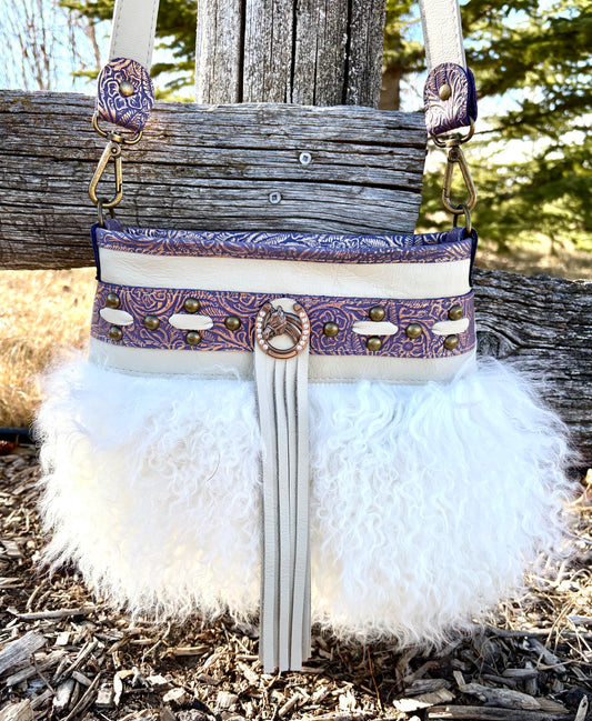 White Mongolian Sheepskin and Purple Embossed Leather Crossbody