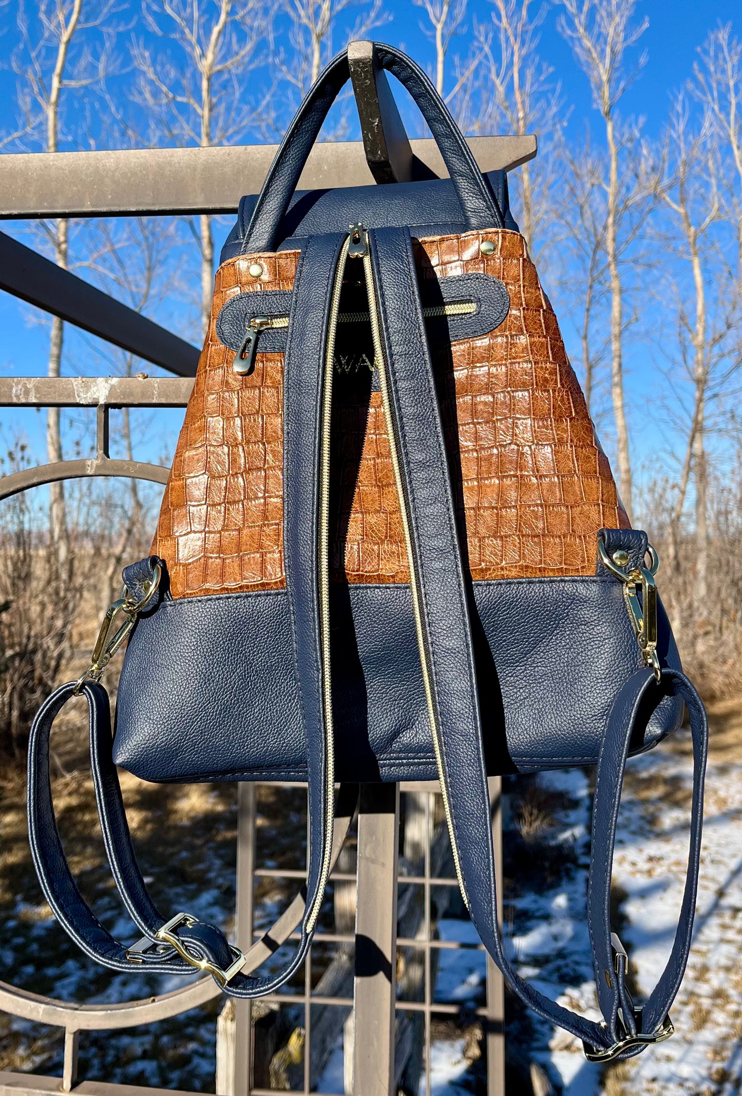 Navy Blue and Croc Embossed Leather Convertible Sling/Backpack