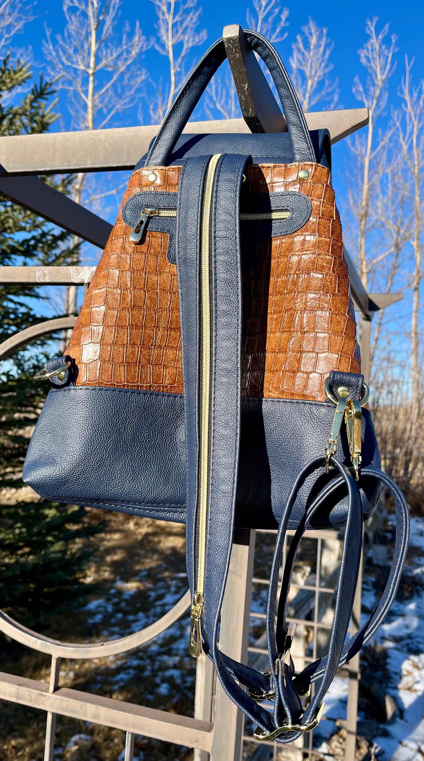 Navy Blue and Croc Embossed Leather Convertible Sling/Backpack