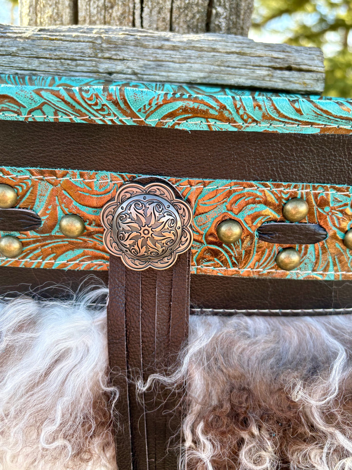 Mongolian Sheepskin Teal Embossed Leather Crossbody Purse