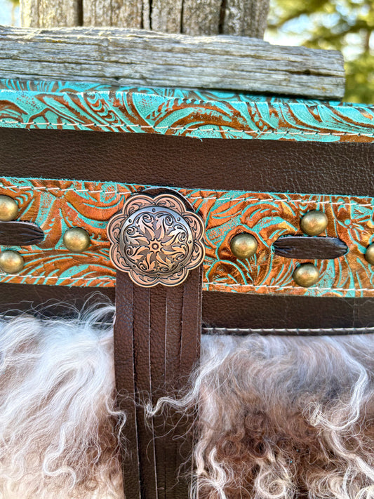 Mongolian Sheepskin Teal Embossed Leather Crossbody Purse