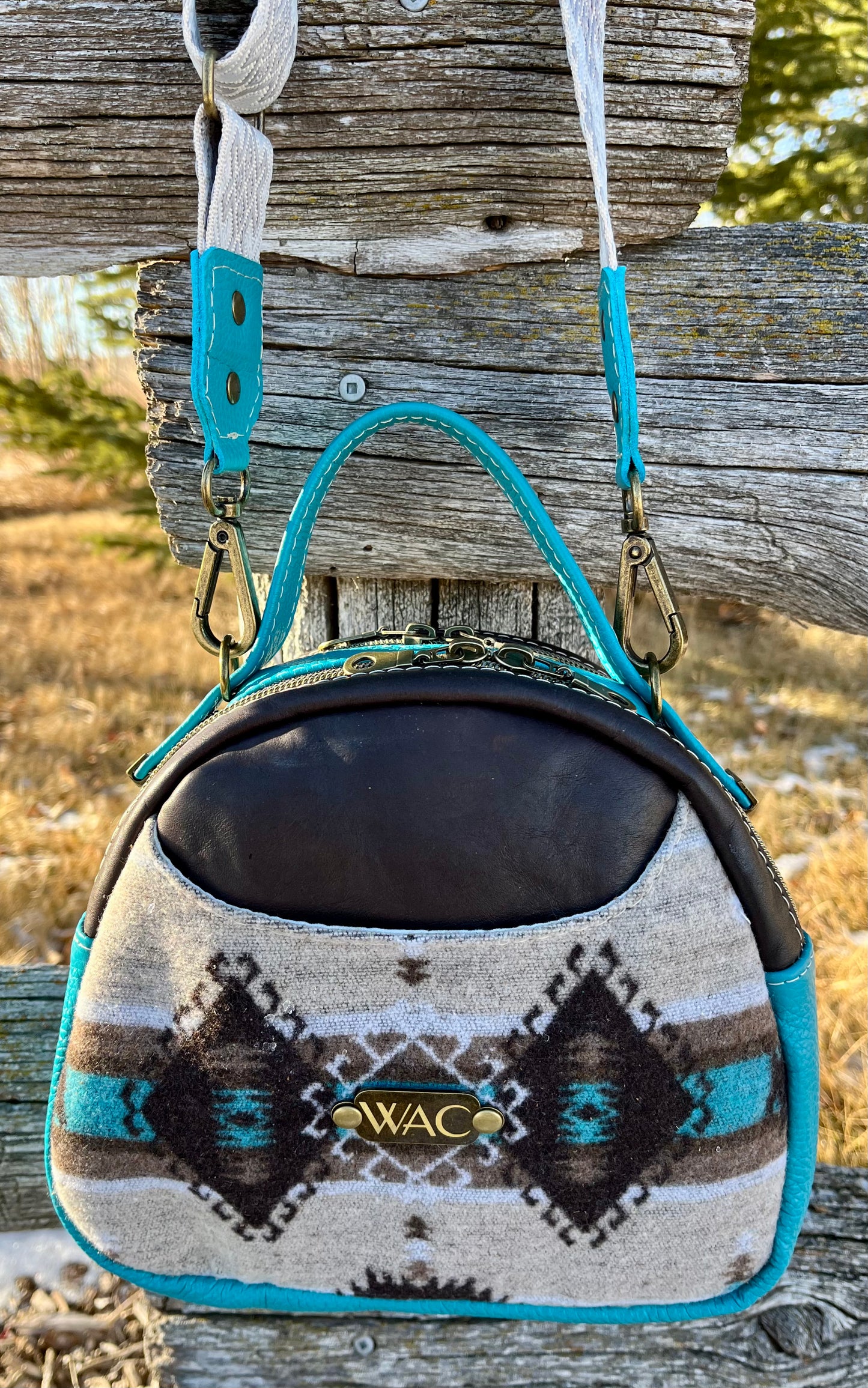 Teal and Brown Leather and Wool Handbag