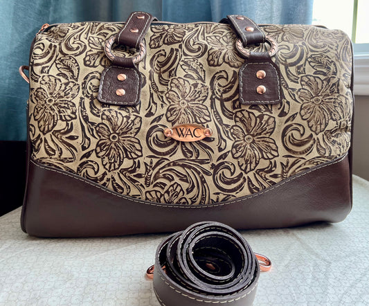 Chocolate Floral Embossed Barrel Bag