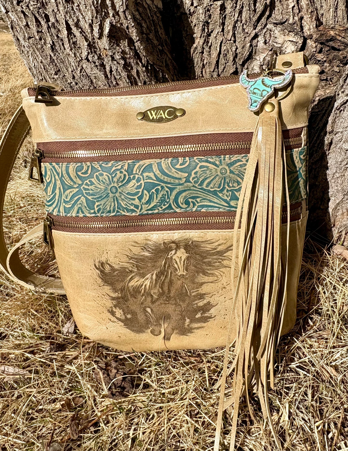 Horse Engraved Leather Crossbody Purse