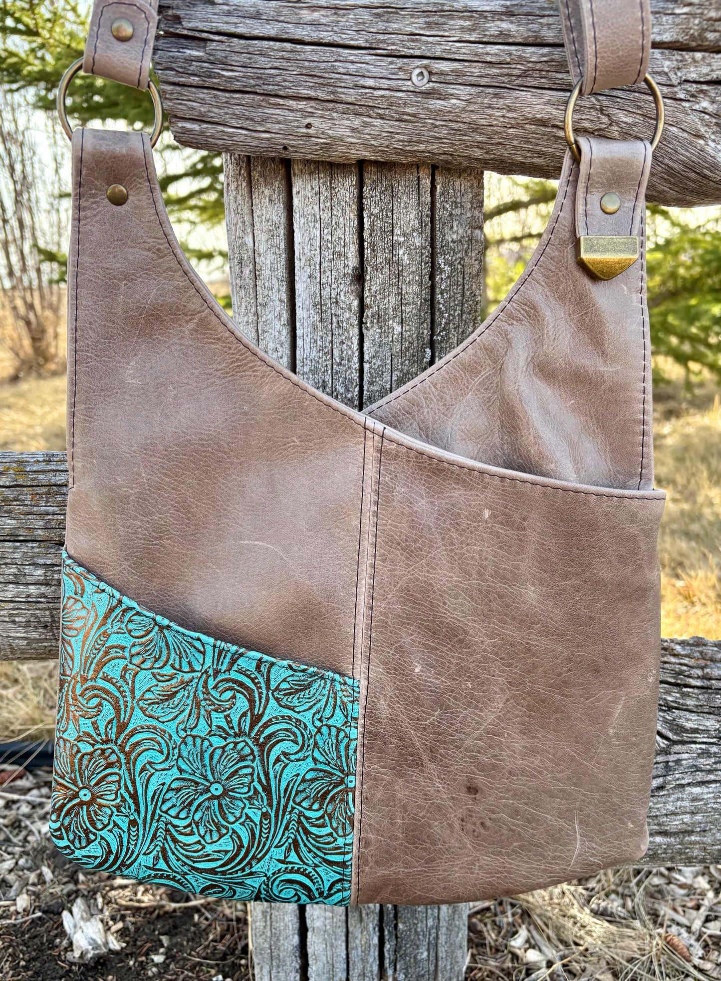 Floral Teal Horse Leather Crossbody