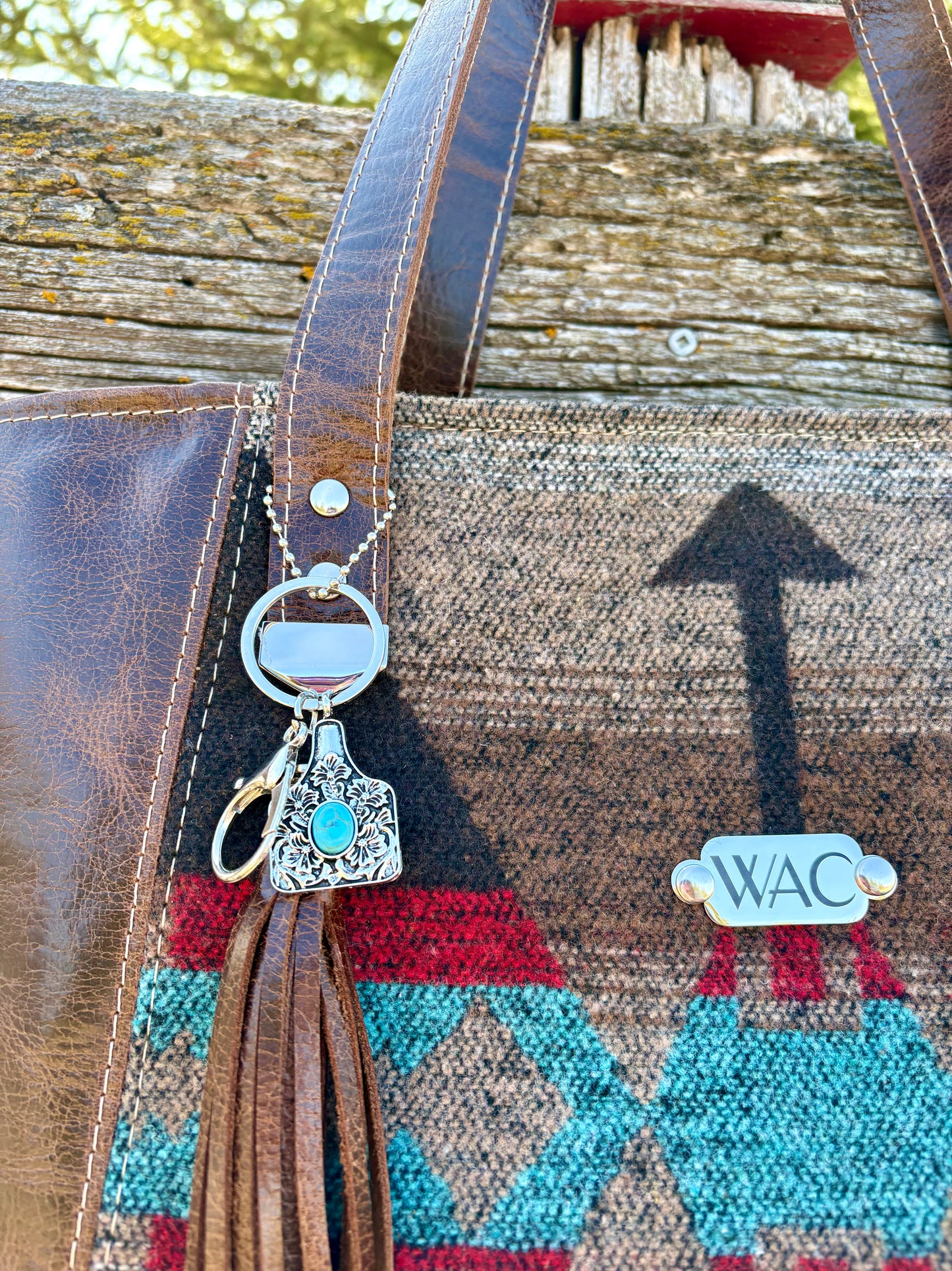 Brown Leather and Turquoise Wool Tote