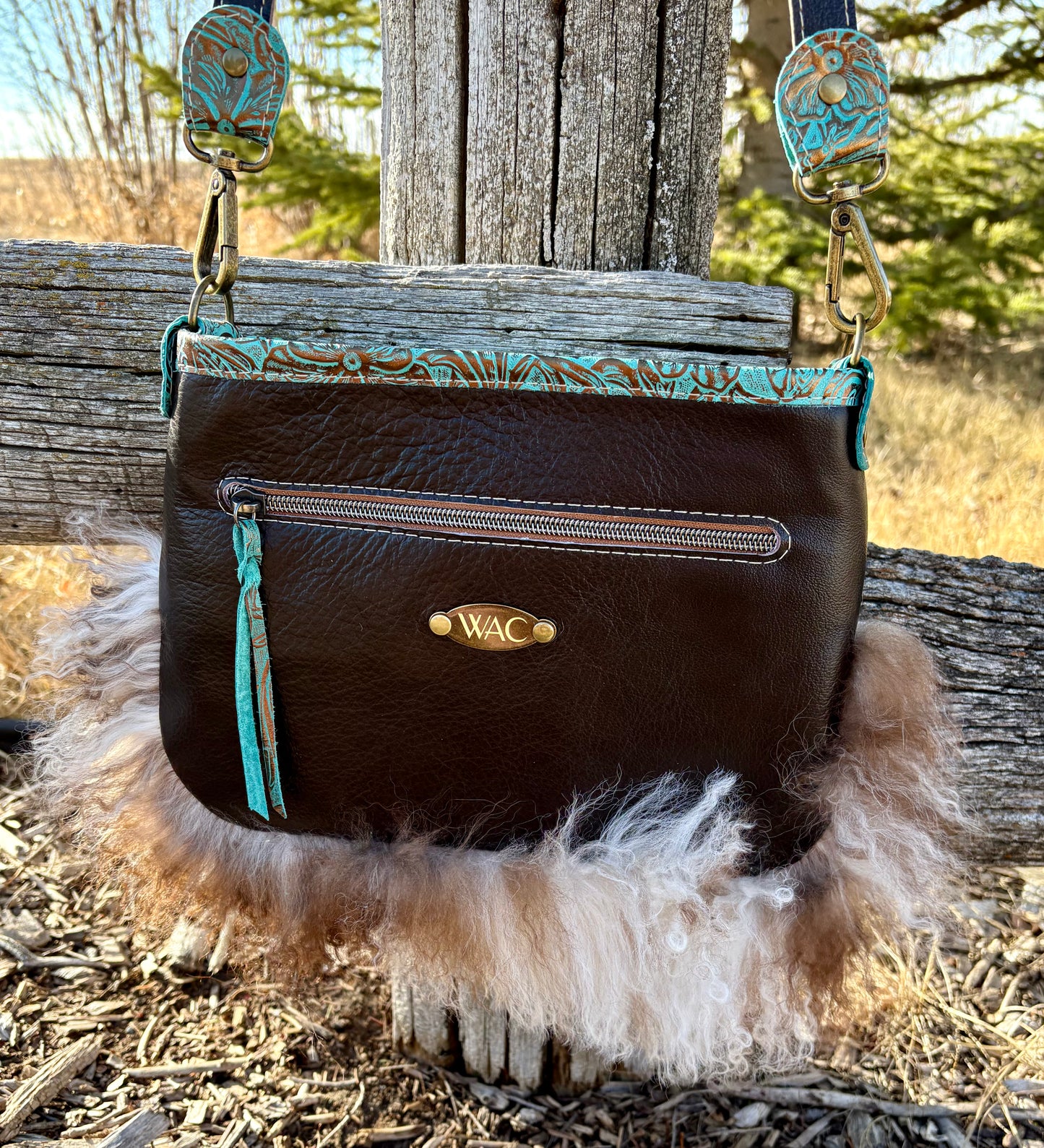 Mongolian Sheepskin Teal Embossed Leather Crossbody Purse