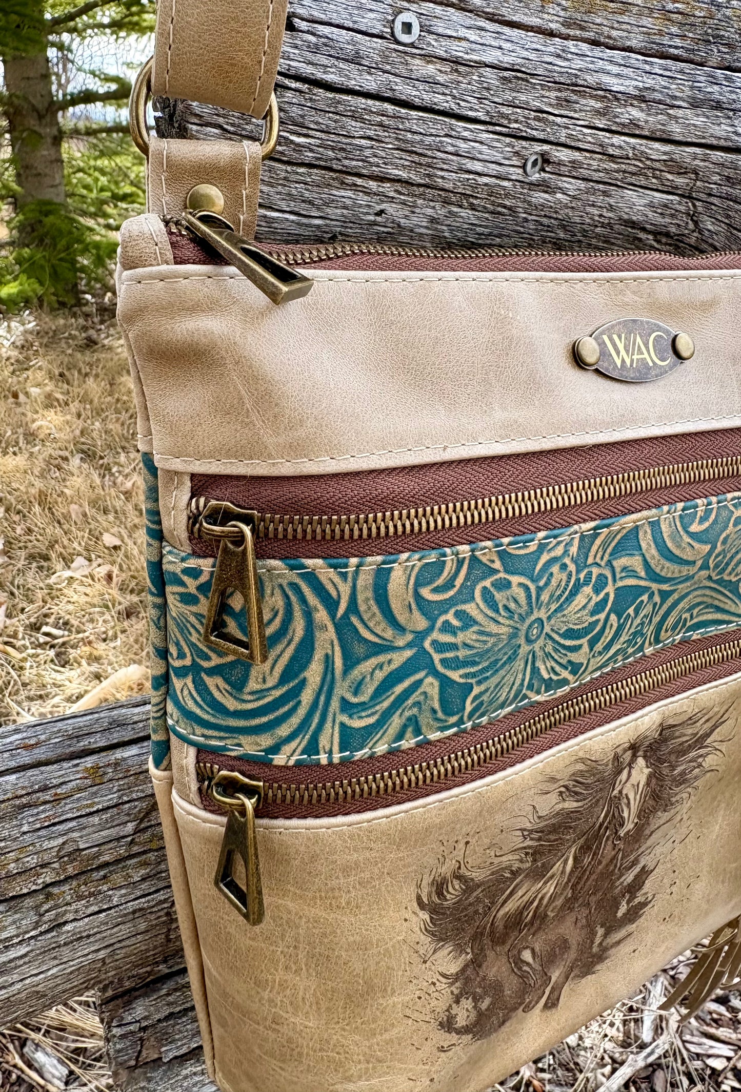 Horse Engraved Leather Crossbody Purse